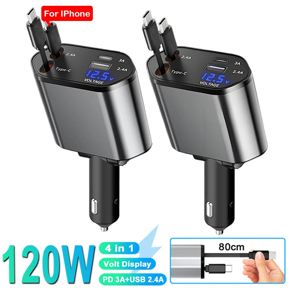 4-in-1 Car Phone Charger 120W – Retractable Cables with Volt Display