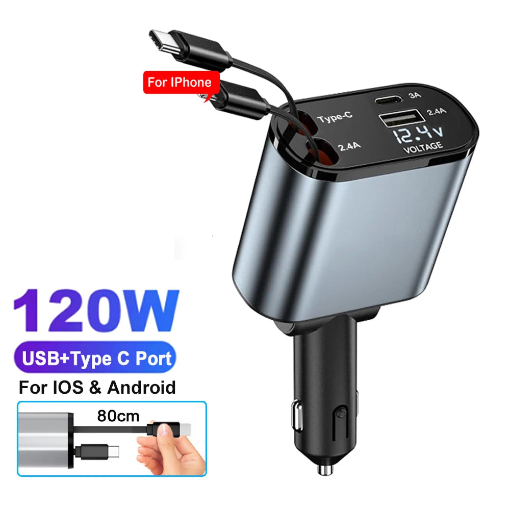 4-in-1 Car Phone Charger 120W – Retractable Cables with Volt Display