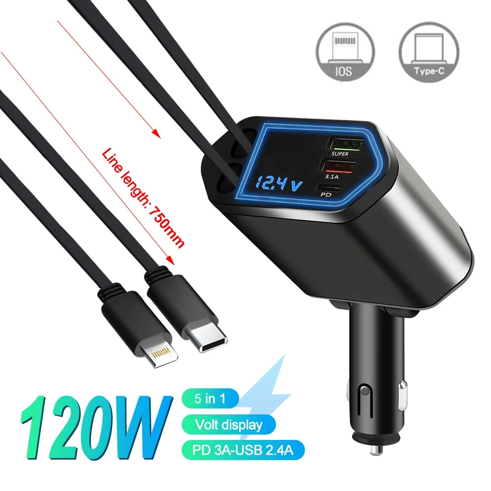 Retractable Car Charger, 4 in 1 Fast Charging Car Charger 120W, Retractable Cable and 2 USB Ports Car Charger Adapter Compatible
