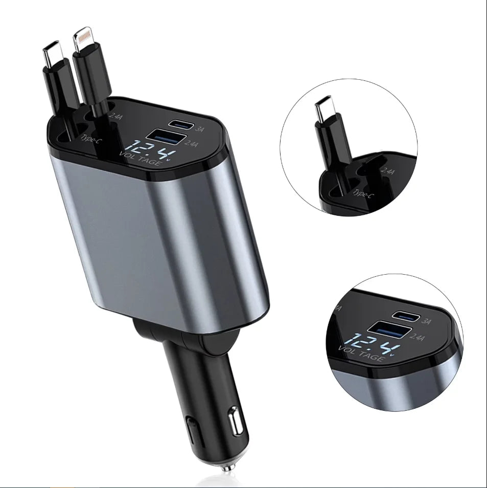 Retractable Car Charger, 4 in 1 Fast Charging Car Charger 120W, Retractable Cable and 2 USB Ports Car Charger Adapter Compatible