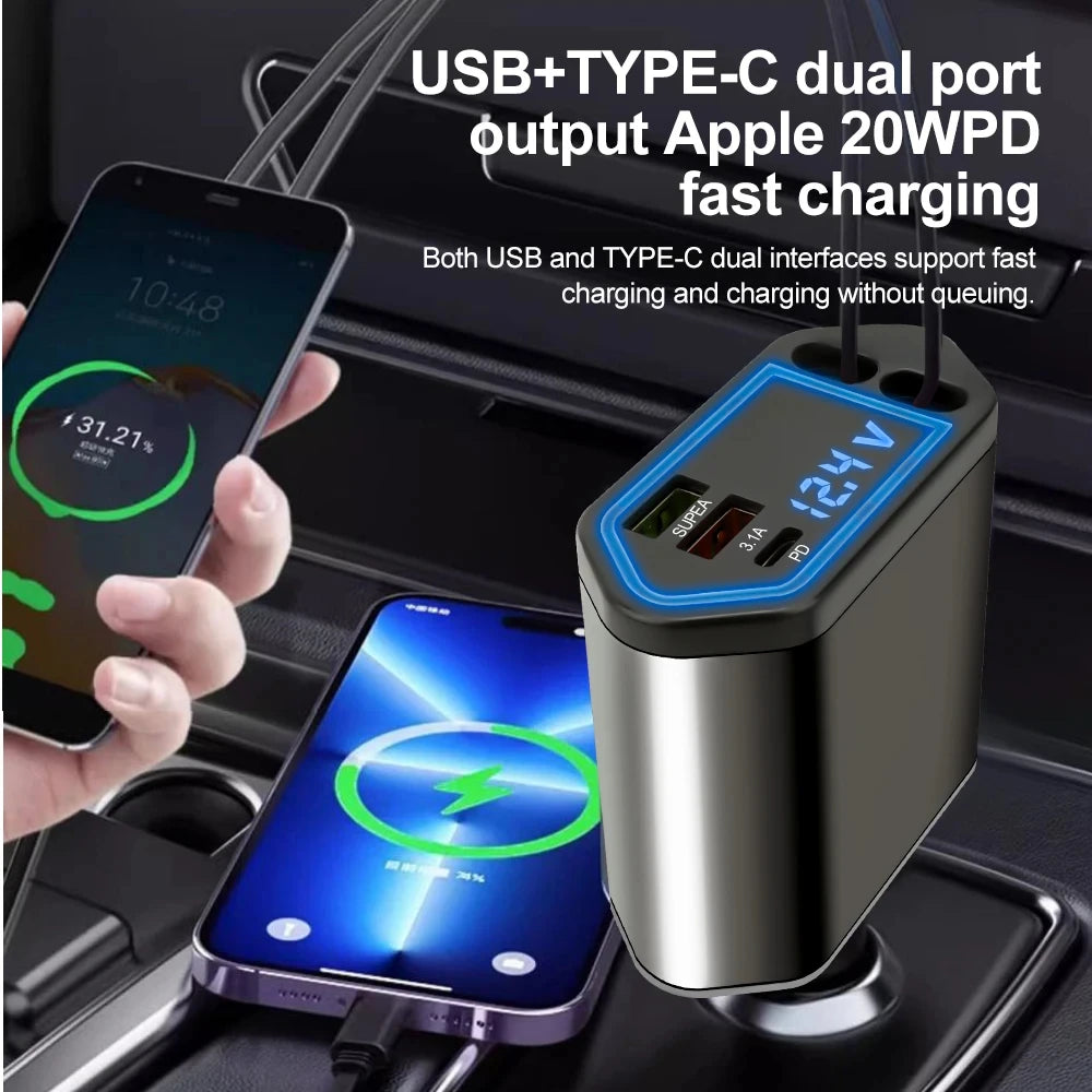 Retractable Car Charger, 4 in 1 Fast Charging Car Charger 120W, Retractable Cable and 2 USB Ports Car Charger Adapter Compatible