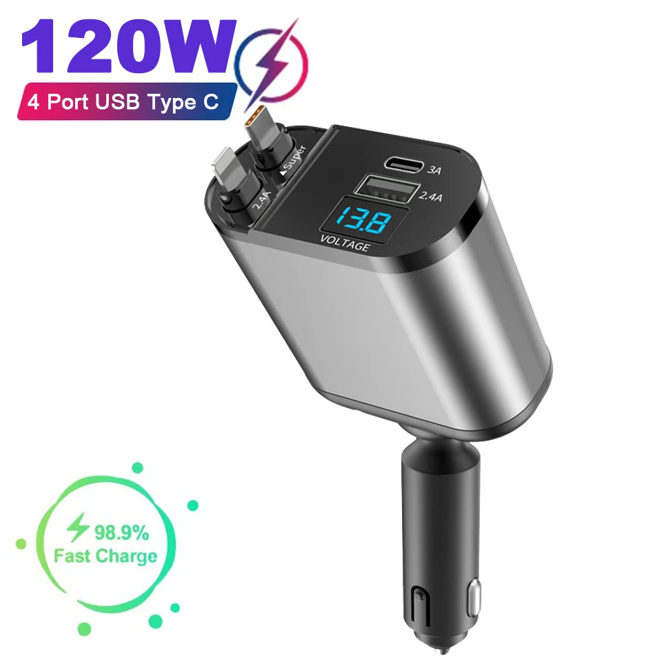 Retractable Car Charger, 4 in 1 Fast Charging Car Charger 120W, Retractable Cable and 2 USB Ports Car Charger Adapter Compatible