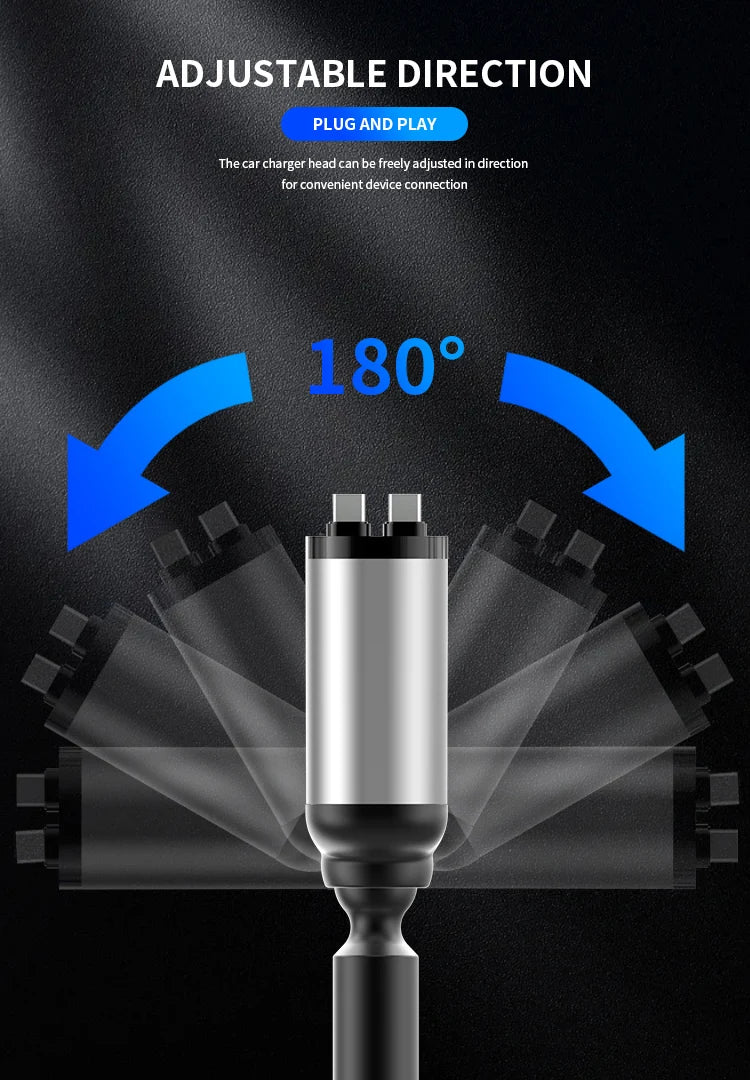 Retractable Car Charger, 4 in 1 Fast Charging Car Charger 120W, Retractable Cable and 2 USB Ports Car Charger Adapter Compatible