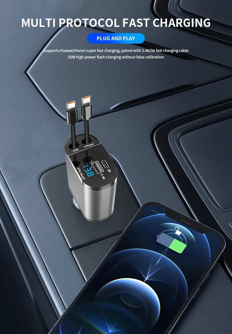 Retractable Car Charger, 4 in 1 Fast Charging Car Charger 120W, Retractable Cable and 2 USB Ports Car Charger Adapter Compatible