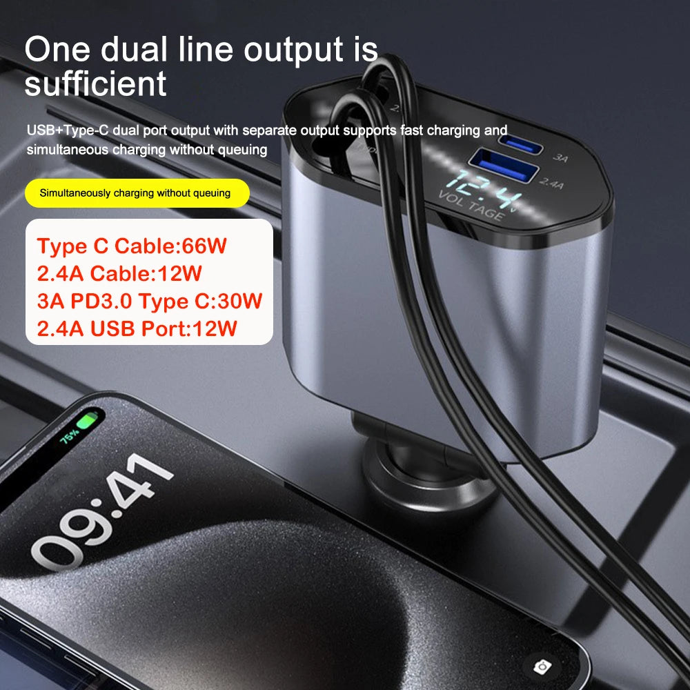 4-in-1 Car Phone Charger 120W – Retractable Cables with Volt Display
