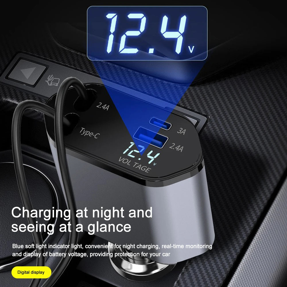 4-in-1 Car Phone Charger 120W – Retractable Cables with Volt Display