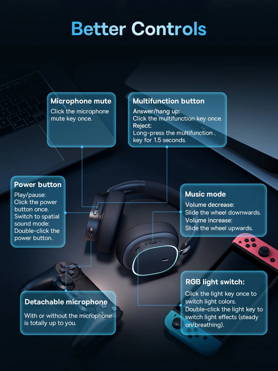 Baseus GH02 Wireless Gaming Headphones – Bluetooth 5.3 & RGB Lighting