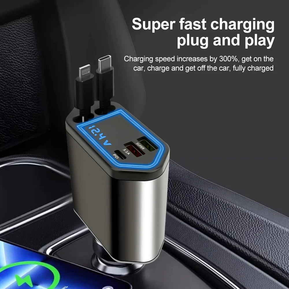 Retractable Car Charger, 4 in 1 Fast Charging Car Charger 120W, Retractable Cable and 2 USB Ports Car Charger Adapter Compatible