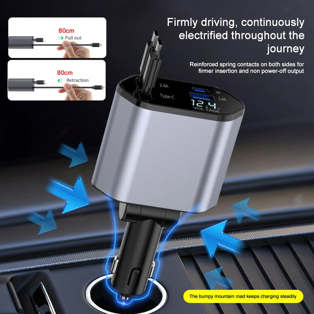 4-in-1 Car Phone Charger 120W – Retractable Cables with Volt Display